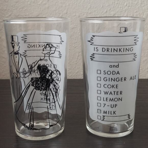 VTG Federal Glass Highball Cocktail Fancy Couple Drink List 5" Set Frosted Back - Picture 2 of 7